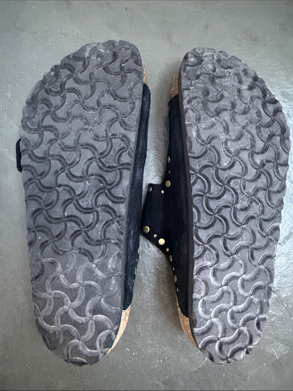 Birkenstock Black Suede Studded Triple-Strap Sandals with Gold Buckles - Picture 2 of 2